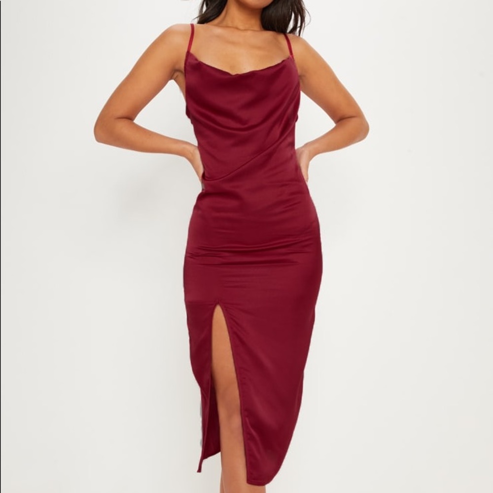 Burgundy Strappy Satin Cowl Midi Dress - Pretty Little Thing
